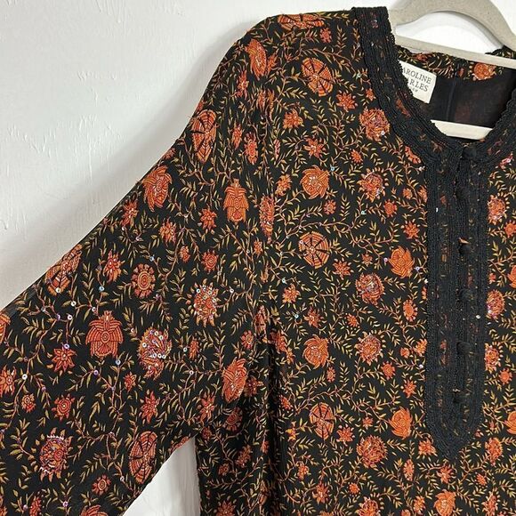 Caroline Charles Boho Vintage Silk Floral Print Beaded Dress Size 16-20 - Picture 2 of 9